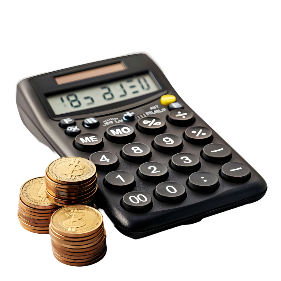 Calculator with stack of coins on transparent background png