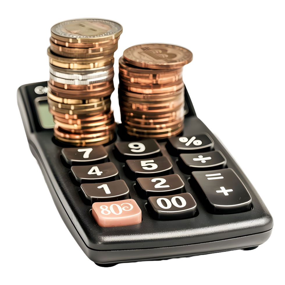 Calculator with stack of coins on transparent background png