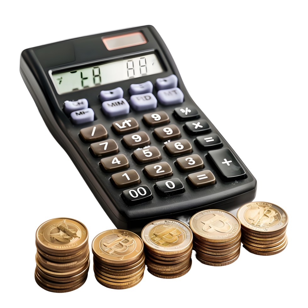 Calculator with stack of coins on transparent background png