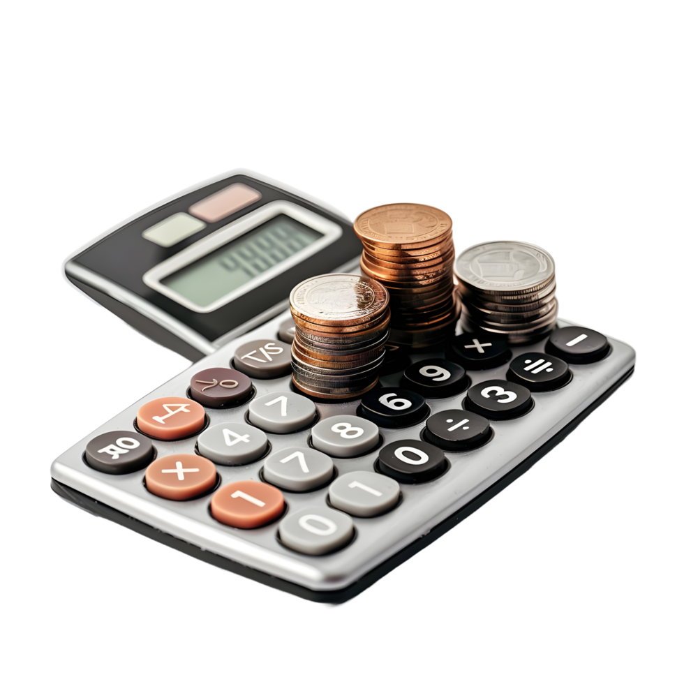Calculator with stack of coins on transparent background png