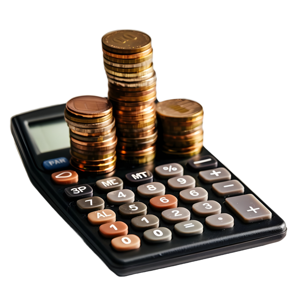 Calculator with stack of coins on transparent background png