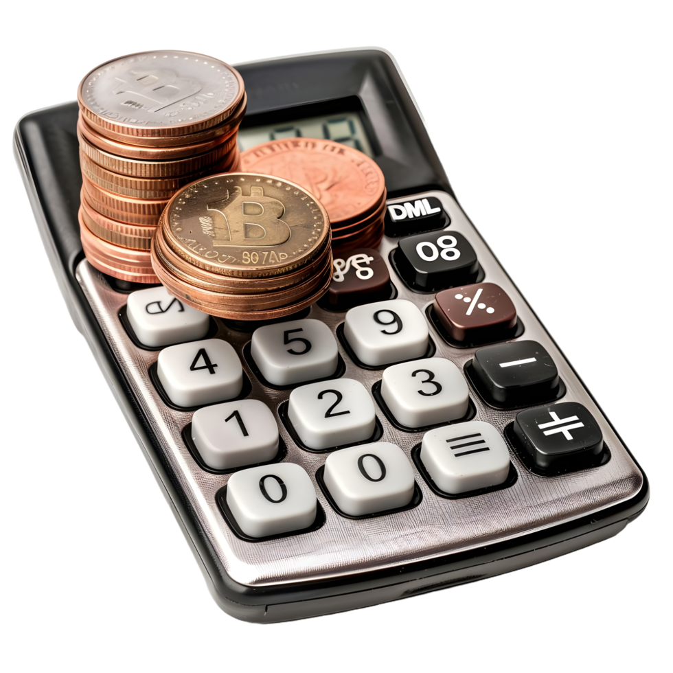 Calculator with stack of coins on transparent background png