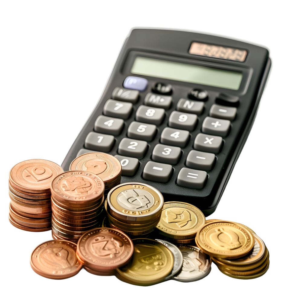 Calculator with stack of coins on transparent background png