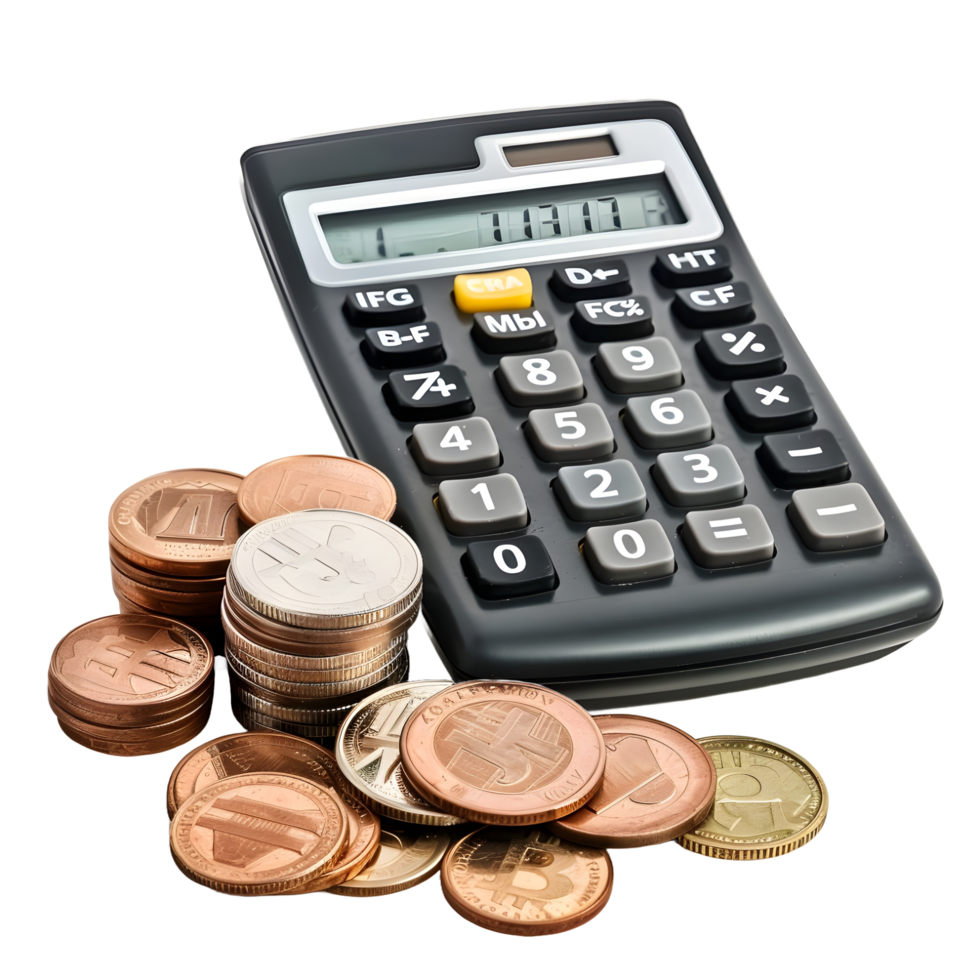 Calculator with stack of coins on transparent background png