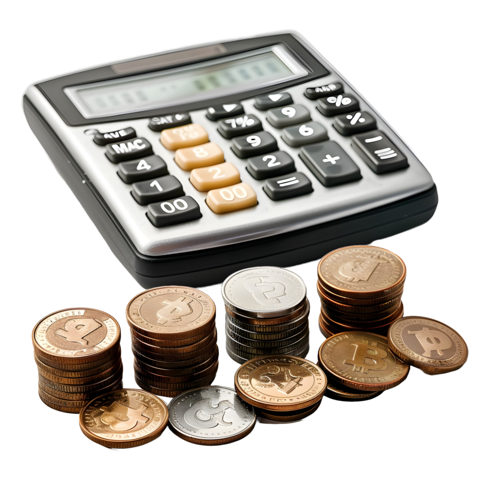 Calculator with stack of coins on transparent background png
