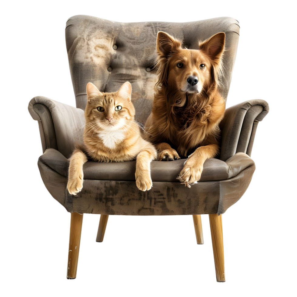 Cat and dog on chair against transparent background png