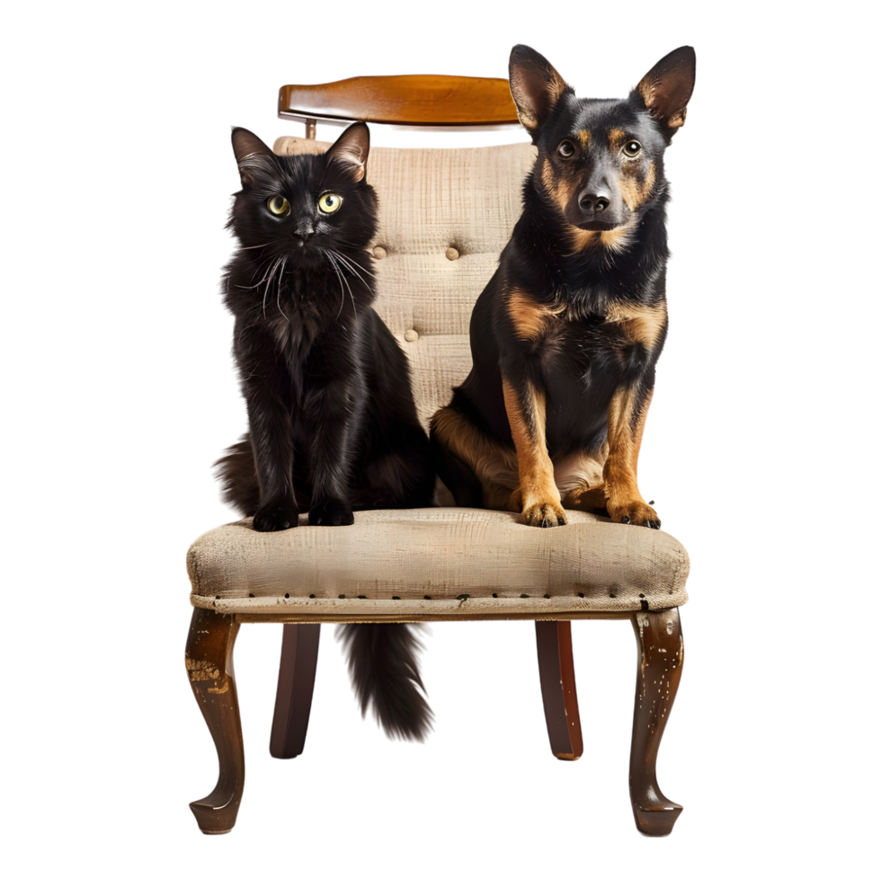Cat and dog on chair against transparent background png