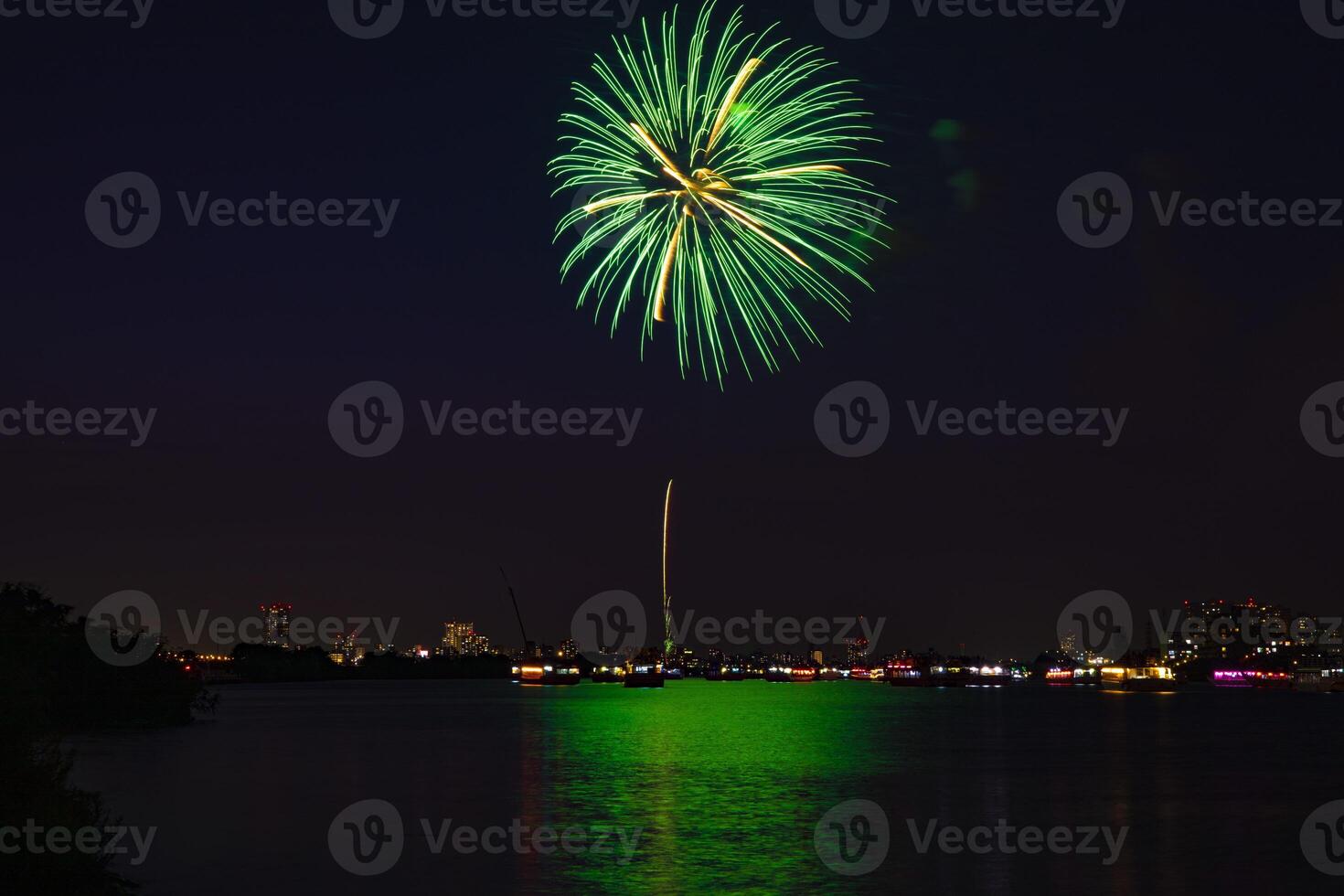 Fireworks near Edogawabashi river in Tokyo wide shot photo