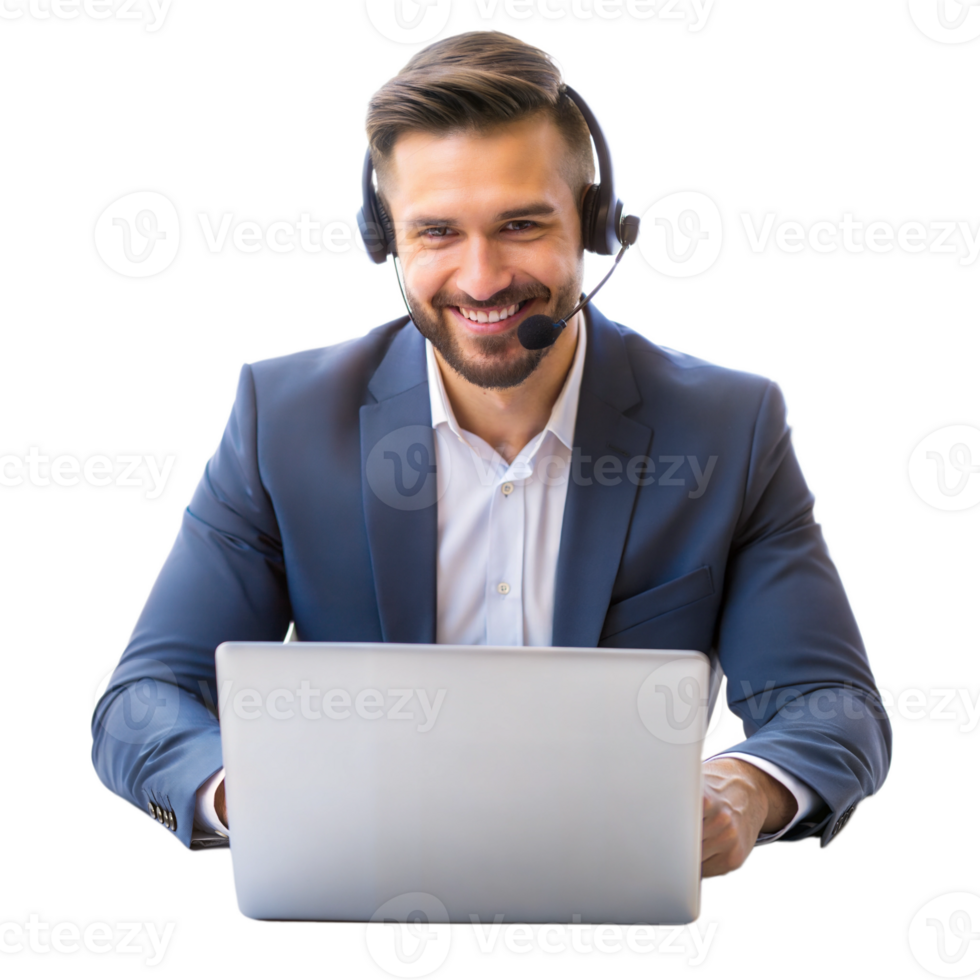 Man working on a laptop with a headset png