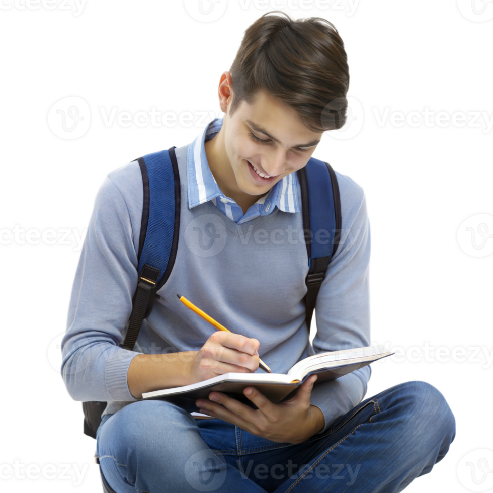 Boy reading a book while holding a backpack png