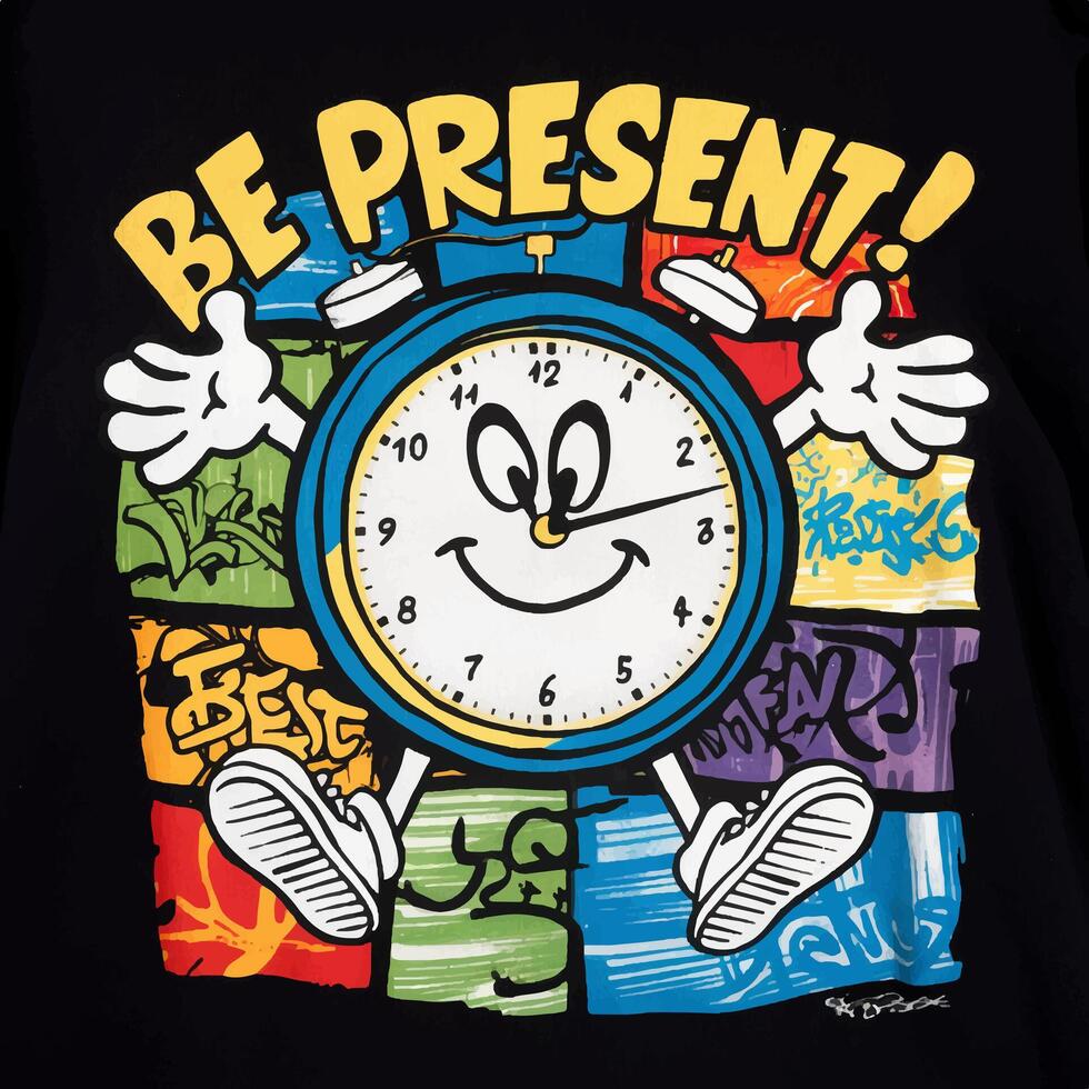 T shirt design of Be Present Cartoon clock with a smiling face and open arms with black background vector