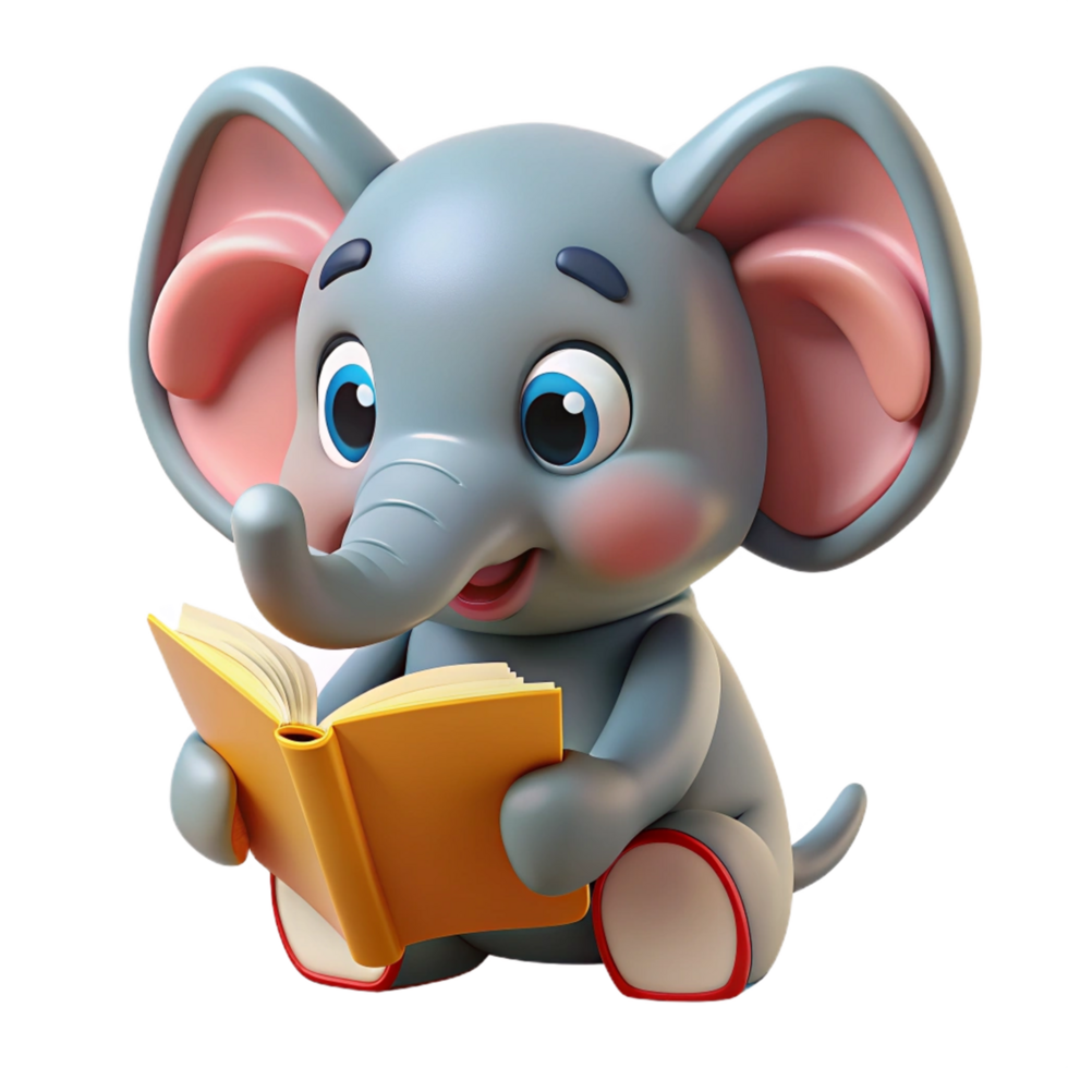 Cute Elephant Animal Read A Book 3d Render png