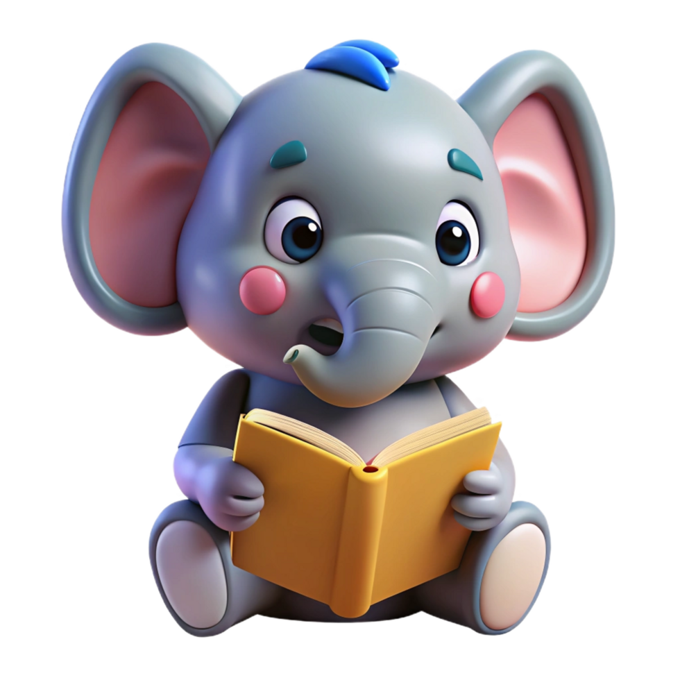 Cute Elephant Animal Read A Book 3d Concept png