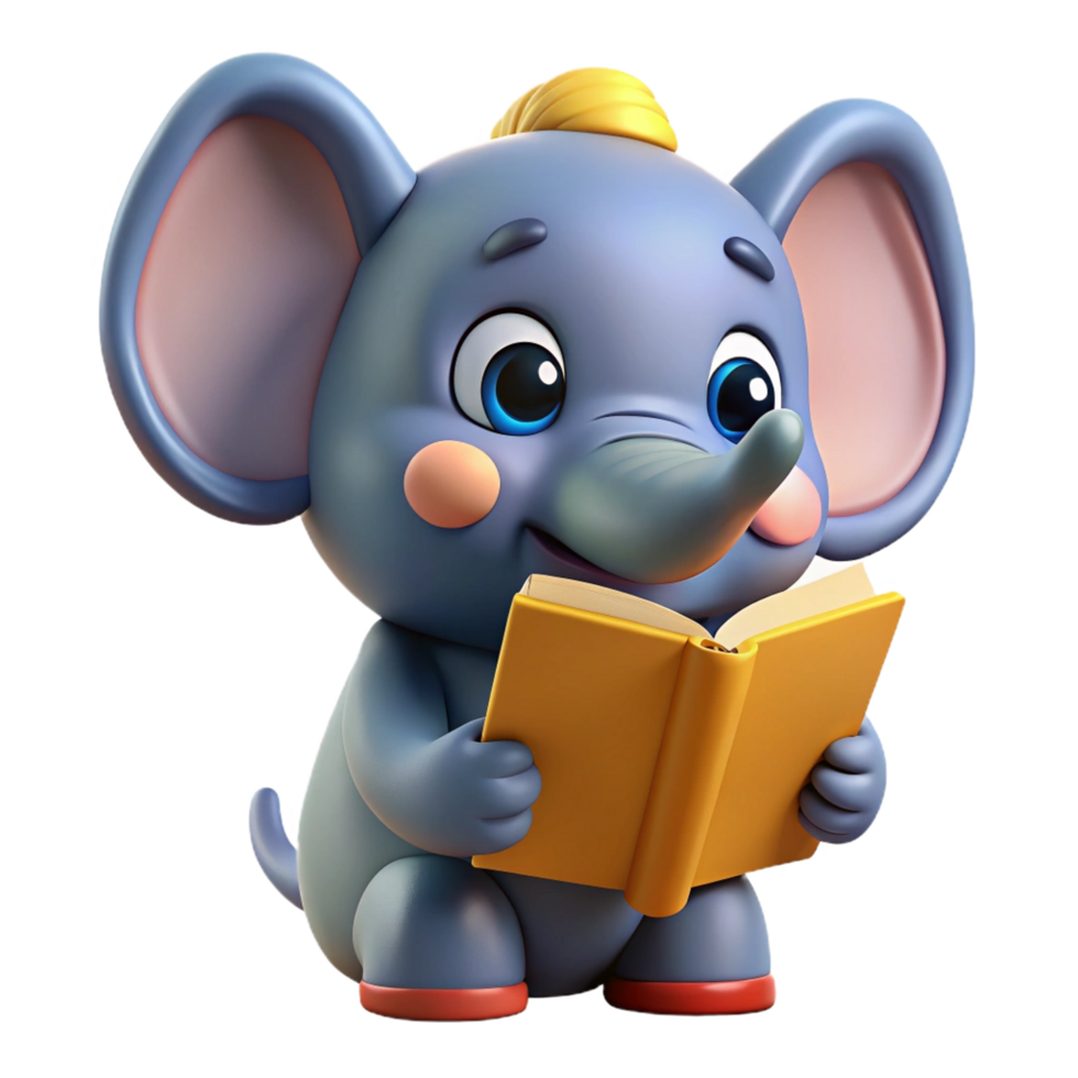 Cute Elephant Animal Read A Book 3d Image png