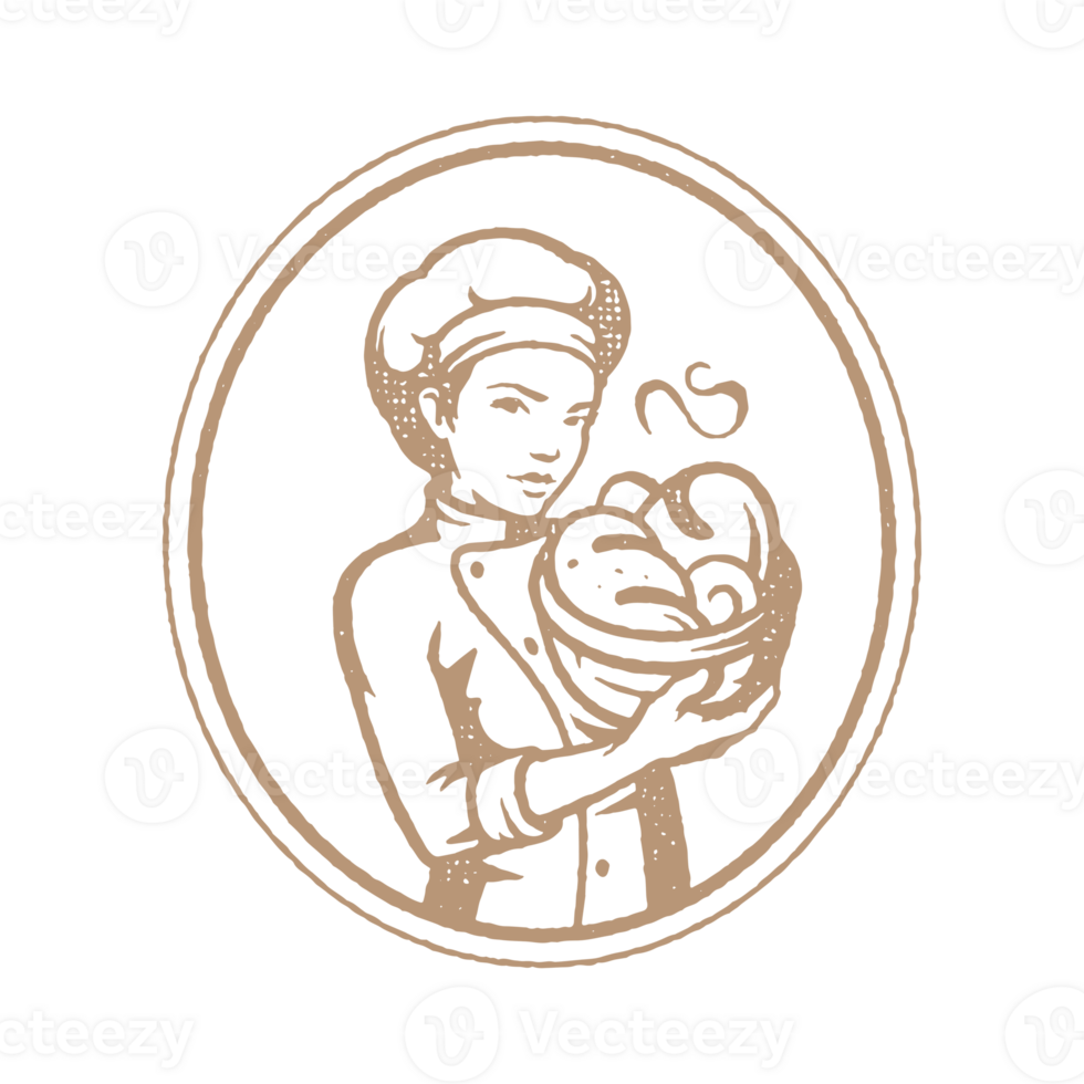 Silhouette of female baker in chef uniform with basket of fresh png