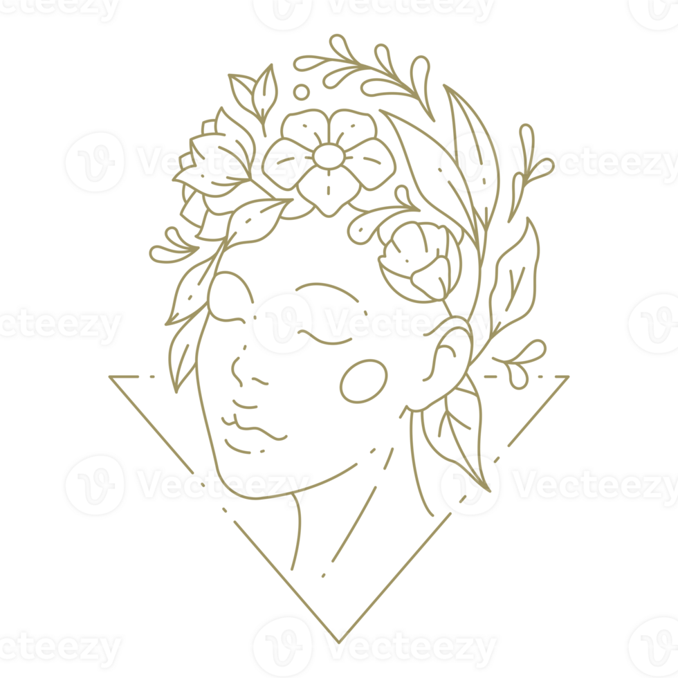 Bohemian female face eyes closed with flowers on the head line art design element png