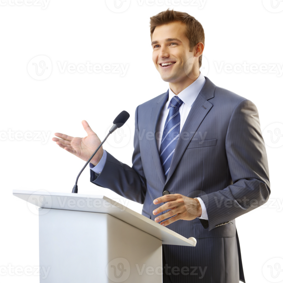 Confident businessman delivering a presentation at a podium png