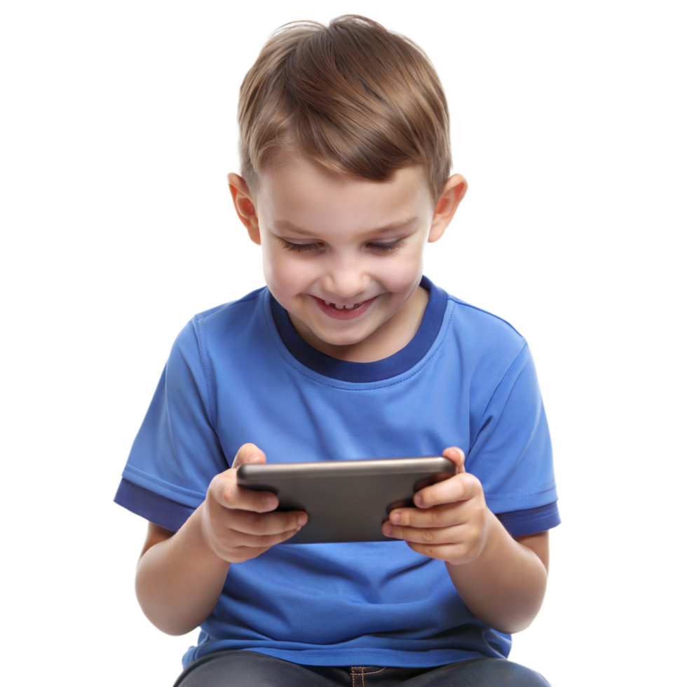 Smiling boy playing games on a handheld device png