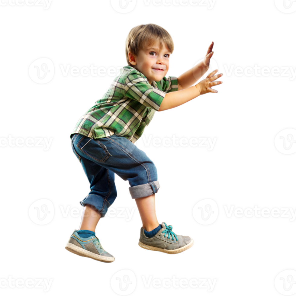 Little boy in casual clothes joyfully running and jumping png