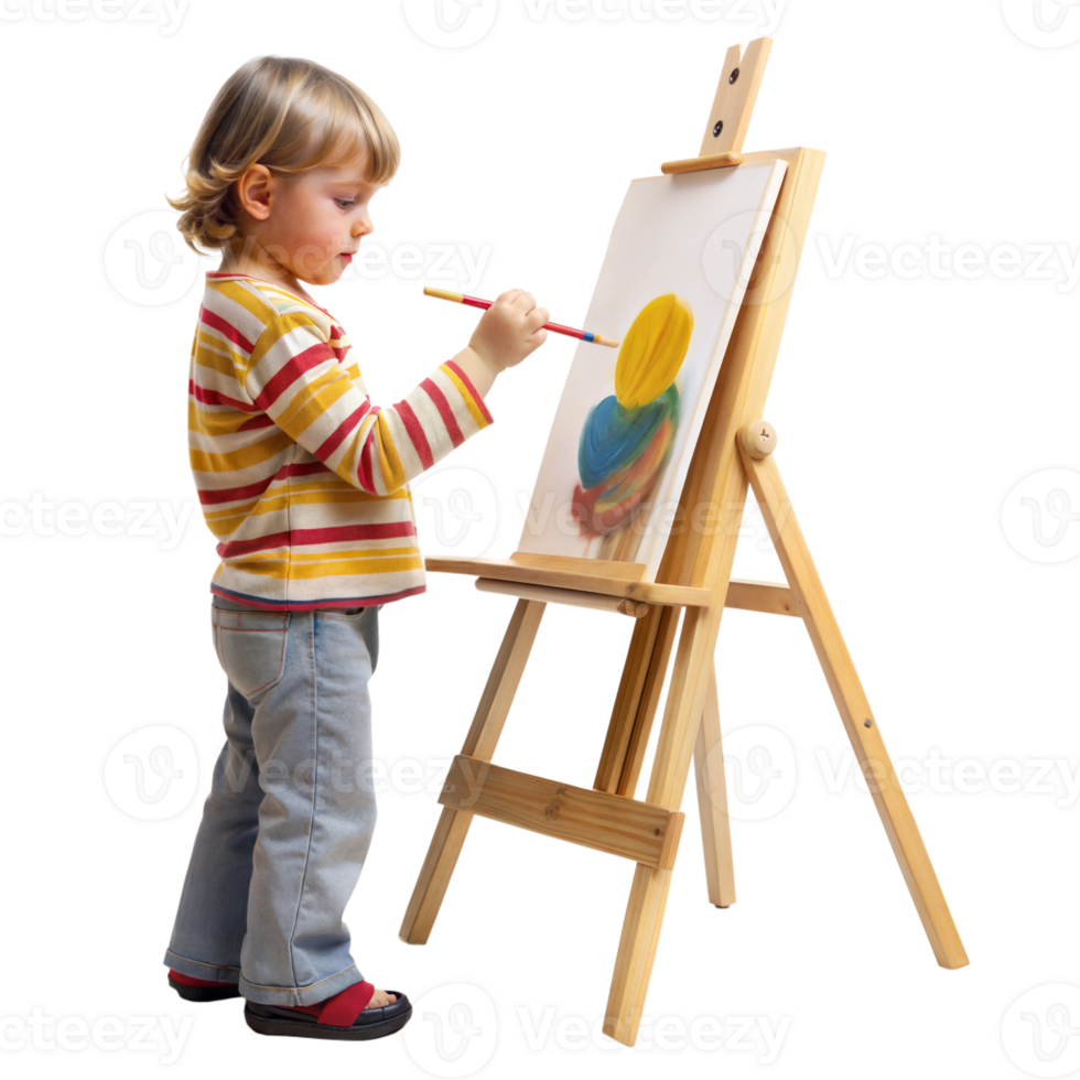 Child painting on an easel with concentration and creativity png