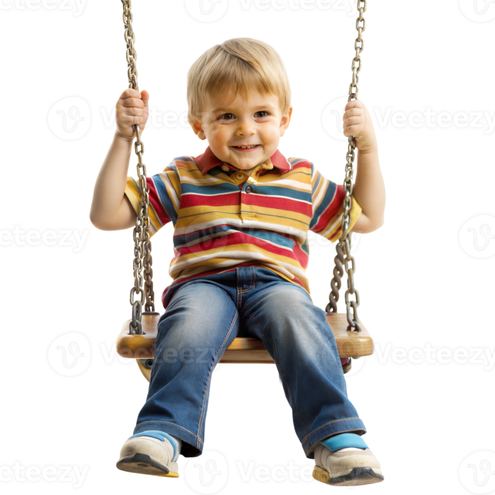 Little boy joyfully swinging on a swing set png