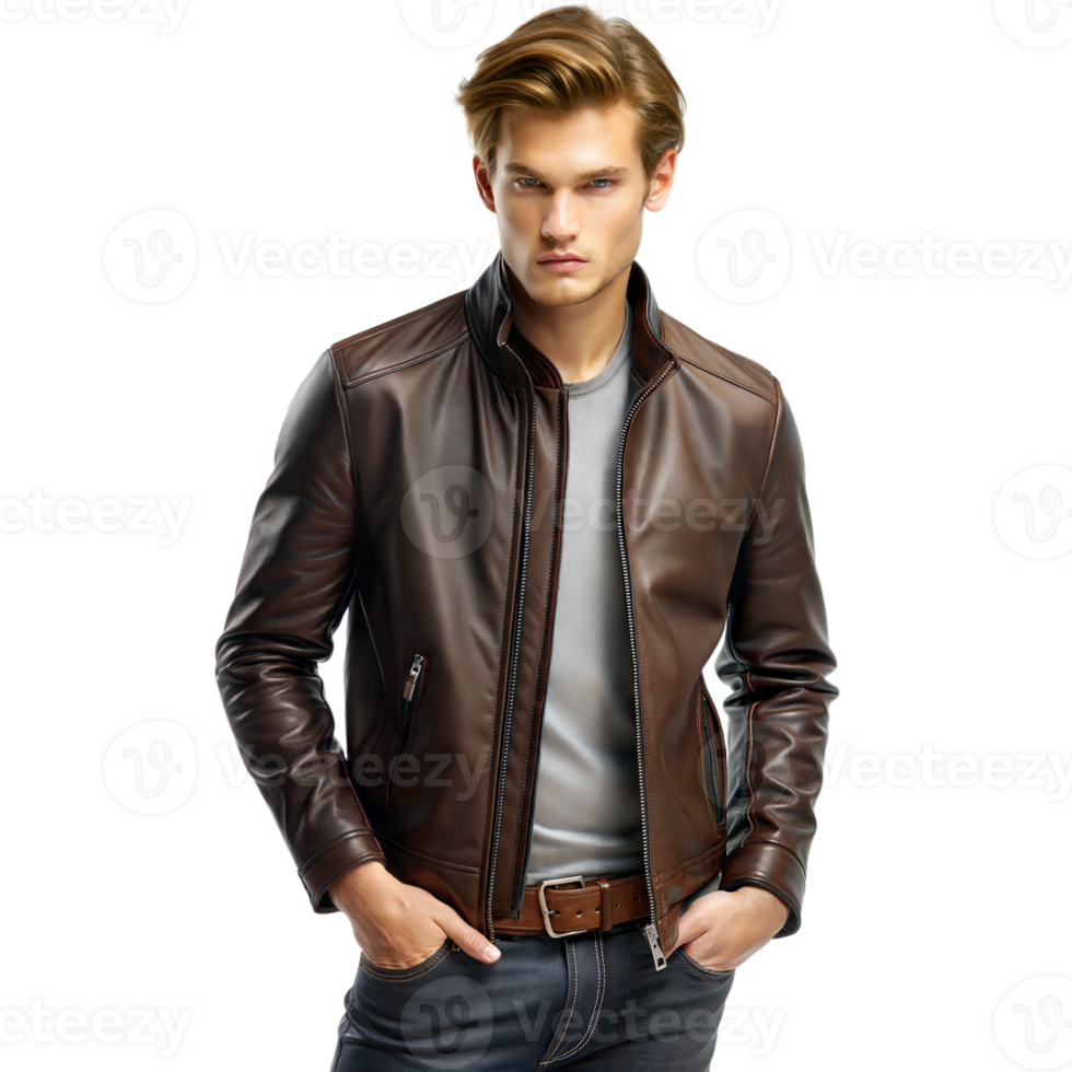 Man in a leather jacket posing confidently png