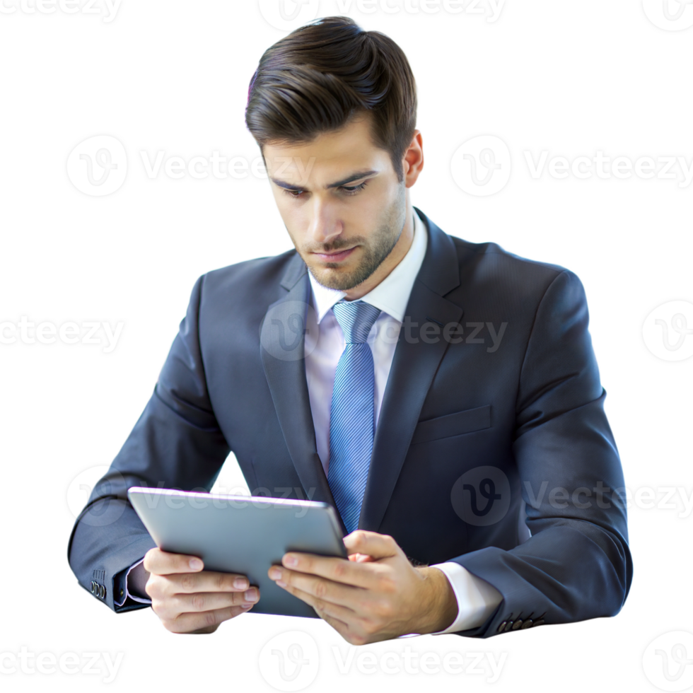 Man in a business suit using a digital tablet png