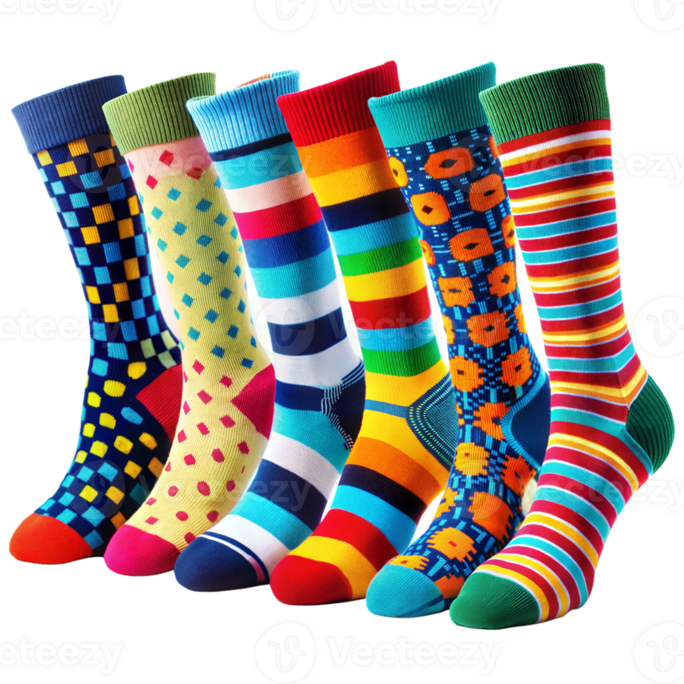 Colorful patterned socks arranged in a neat row png