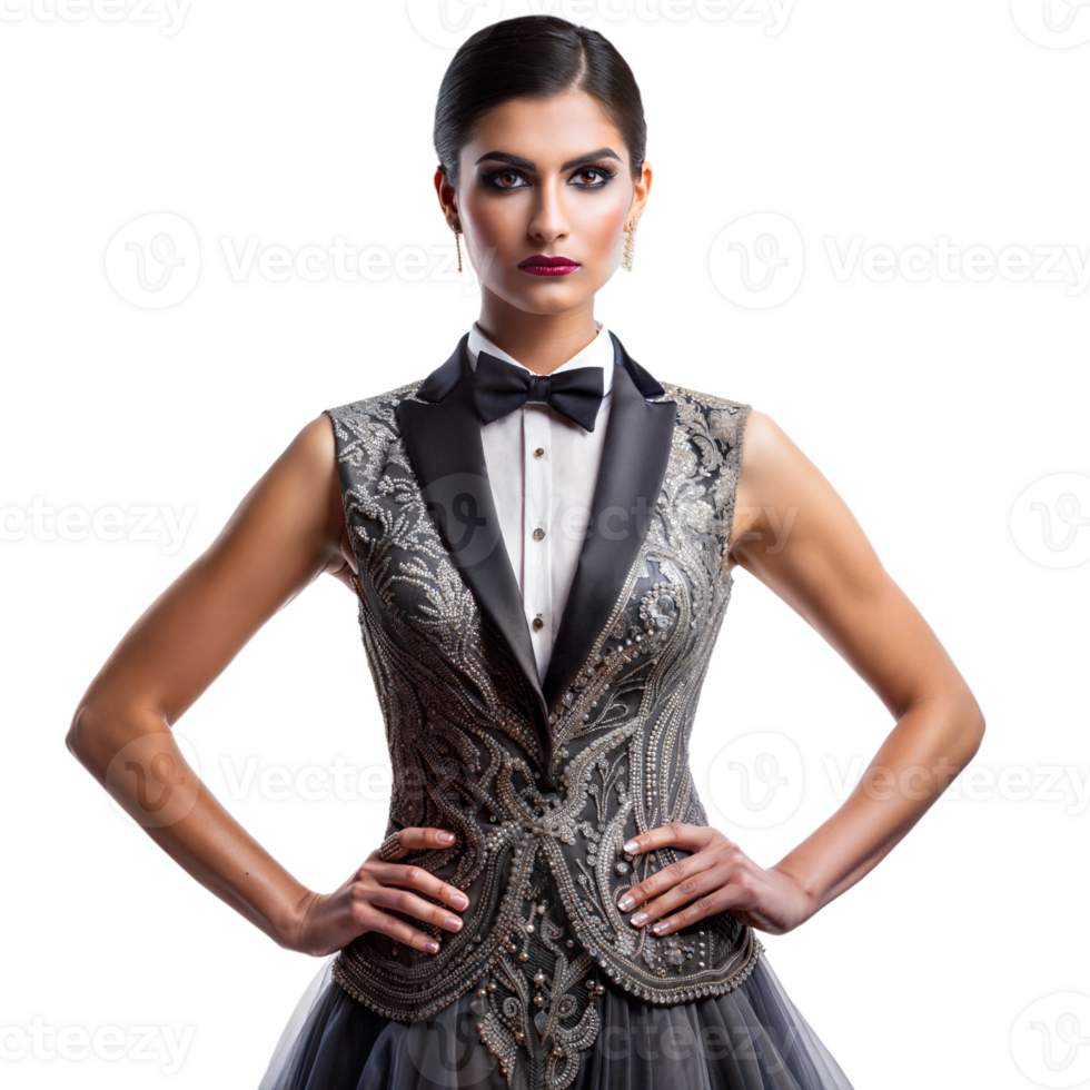 Woman in an elegant dress standing with hands on hips png
