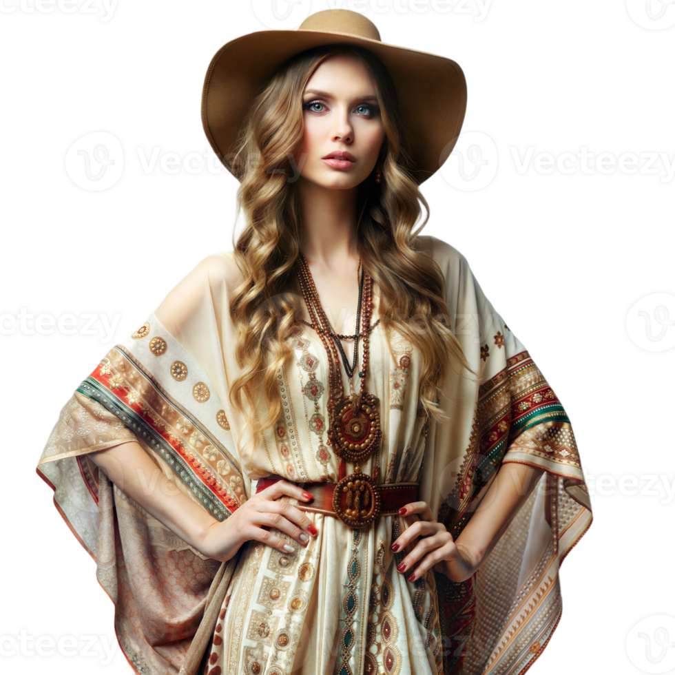 Woman in a bohemian outfit posing confidently png