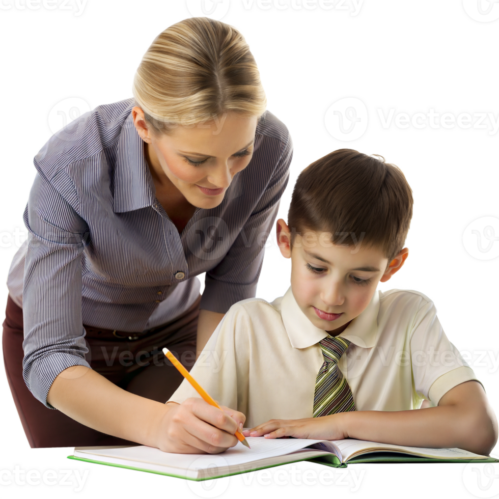Teacher guiding a young student with a homework assignment png