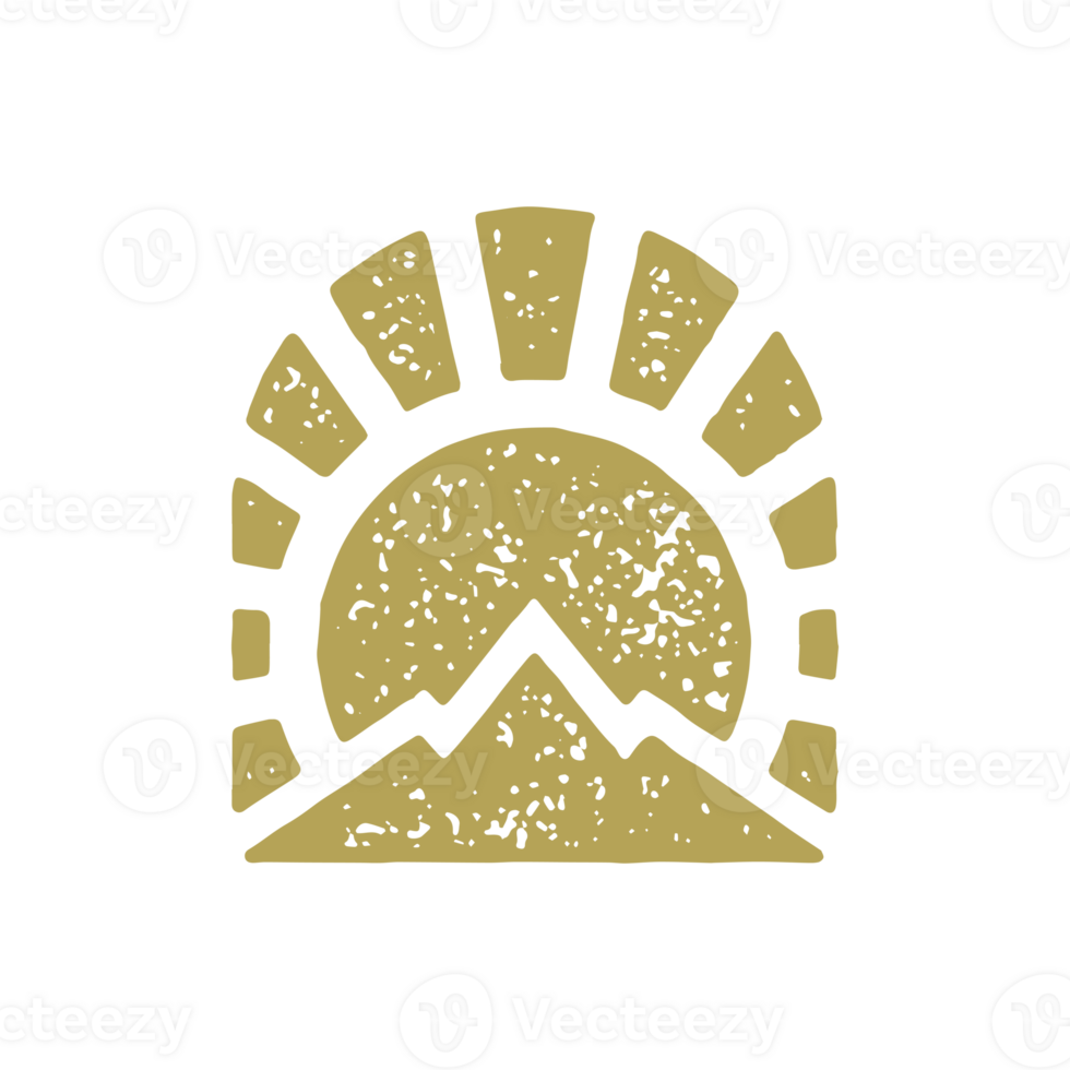 Artwork landscape hand drawn icon with golden sun beams and mountain nature grunge texture png