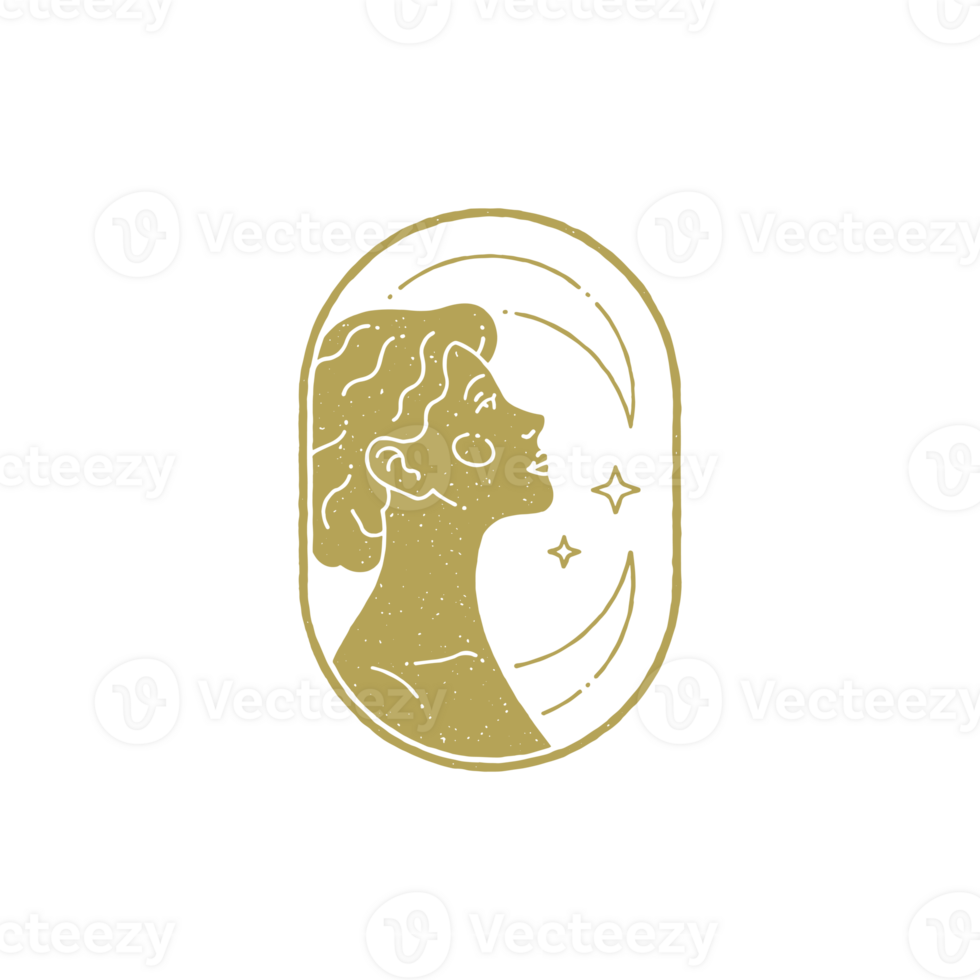 Esoteric young woman head in oval border with half moon and stars minimalist grunge texture png