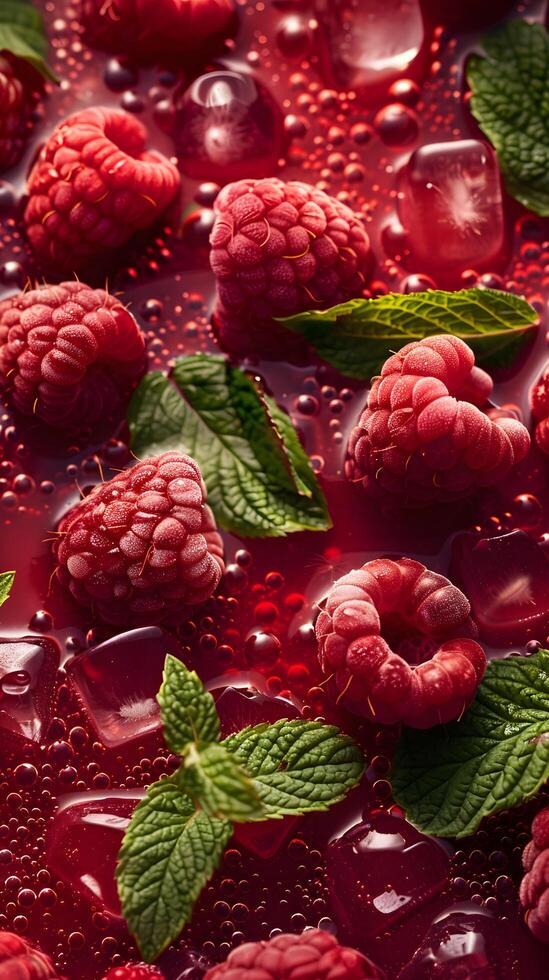 Fruity background with fresh raspberries in juice, ice cubes and mint leaves is an explosive taste of summer. photo