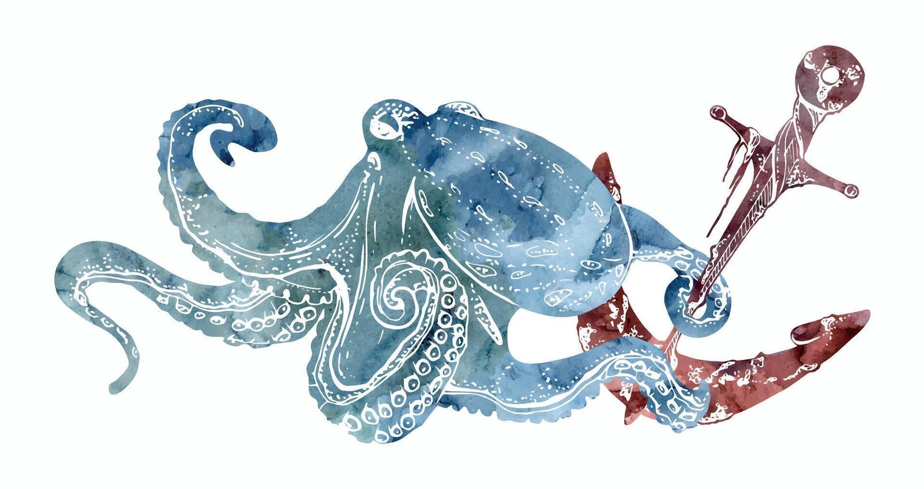 Watercolor and ink hand drawn marine life, sea ocean underwater creatures. fish, shells algae seaweed. Composition illustration, stylized, isolated on white. For zoo shop, aquarium, cosmetics, resort vector