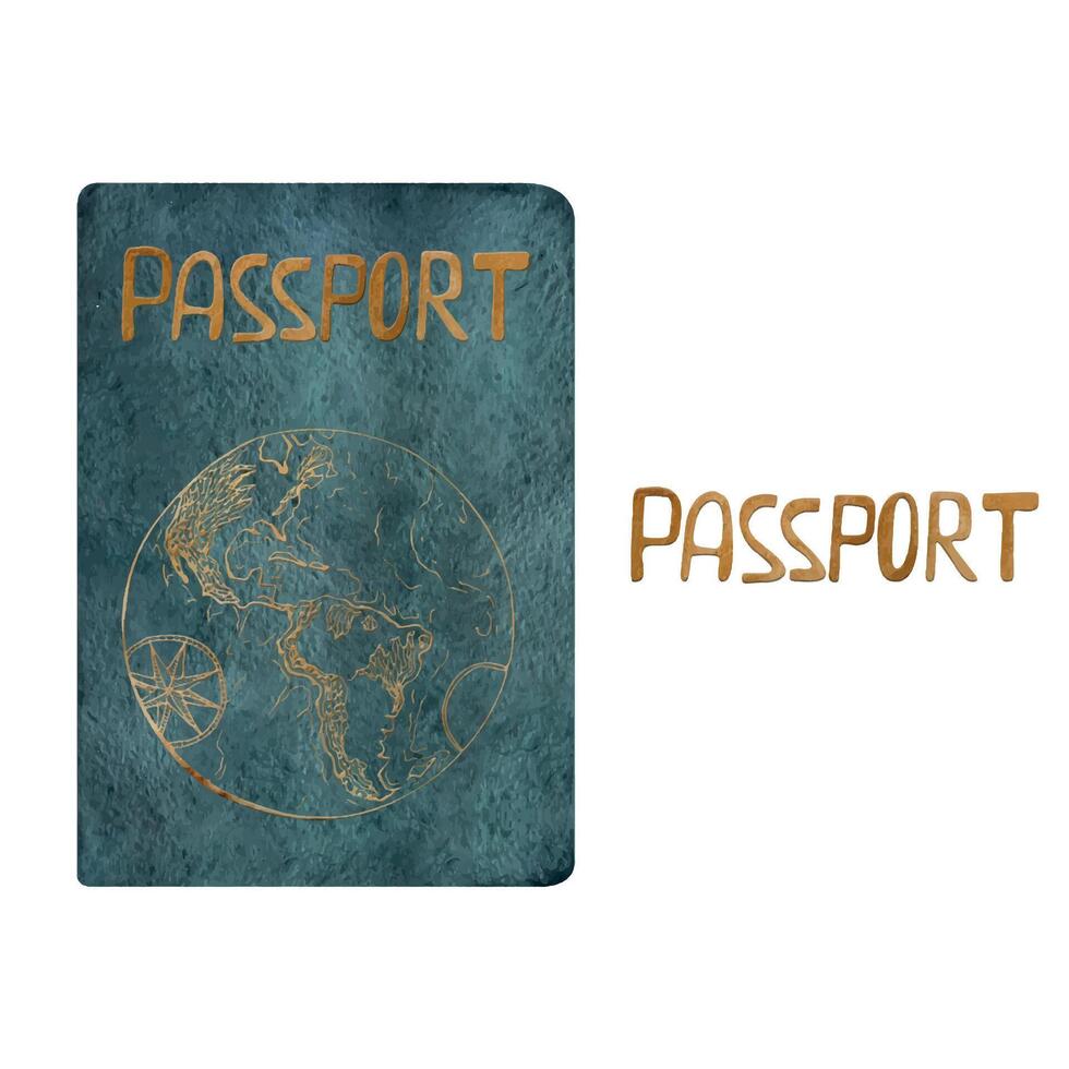 Multinational world passport id official document with gold letters and globe. Watercolor hand drawn illustration of isolated object. Design for tourism, travel, brochure, guide, print, card, tattoo vector