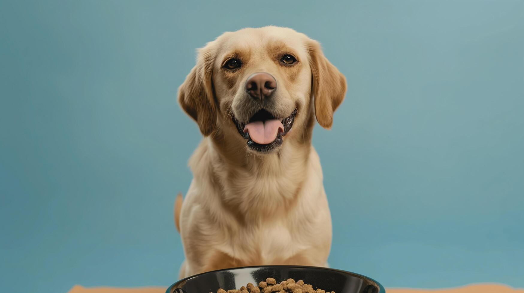 Dog by food bowl photo