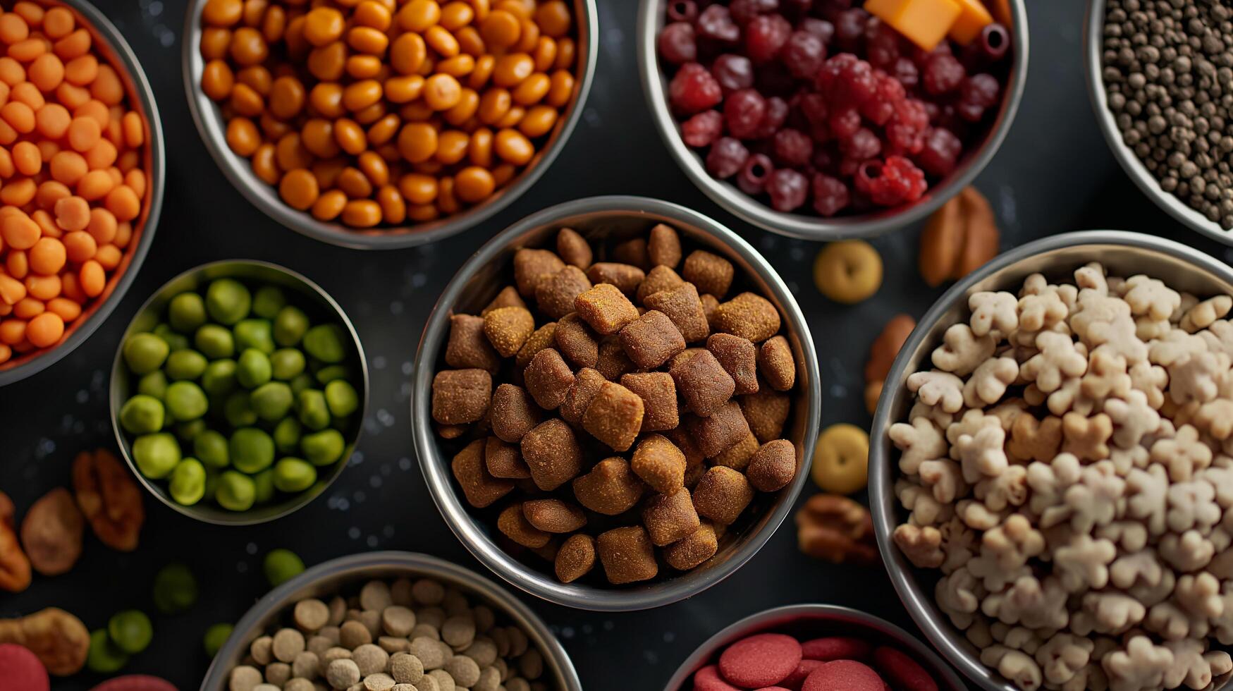 Assorted nuts and foods in close-up bowls photo