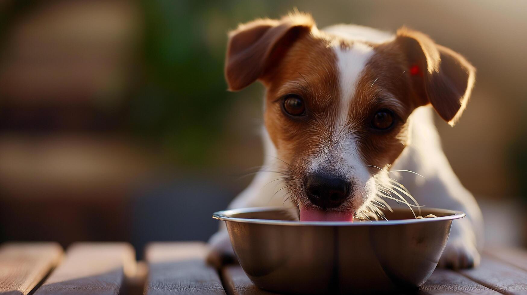 A tiny dog feeding from dish photo