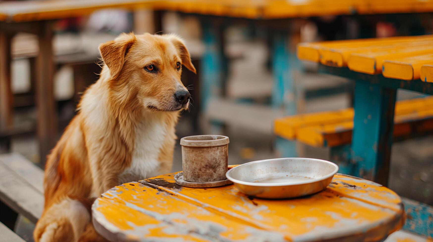 Caffeinated canine at table photo