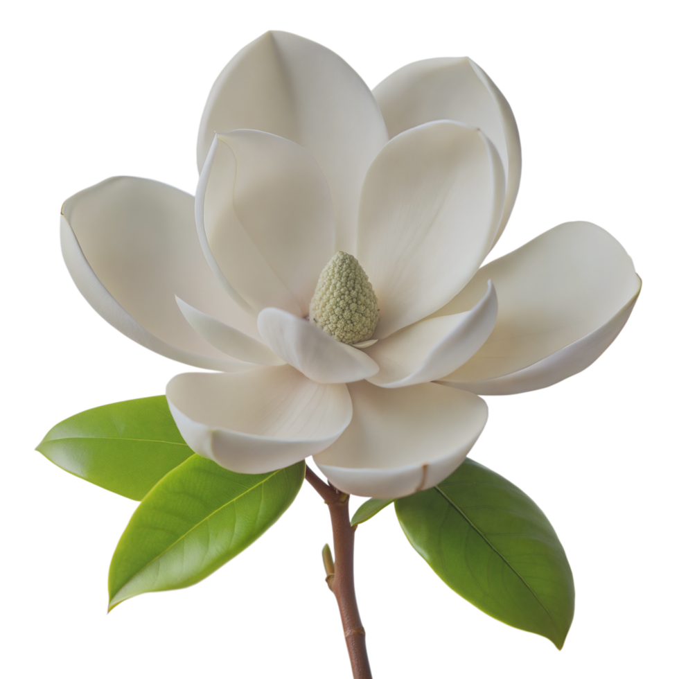 Beautiful White Magnolia Flower with Green Leaves on Stem png
