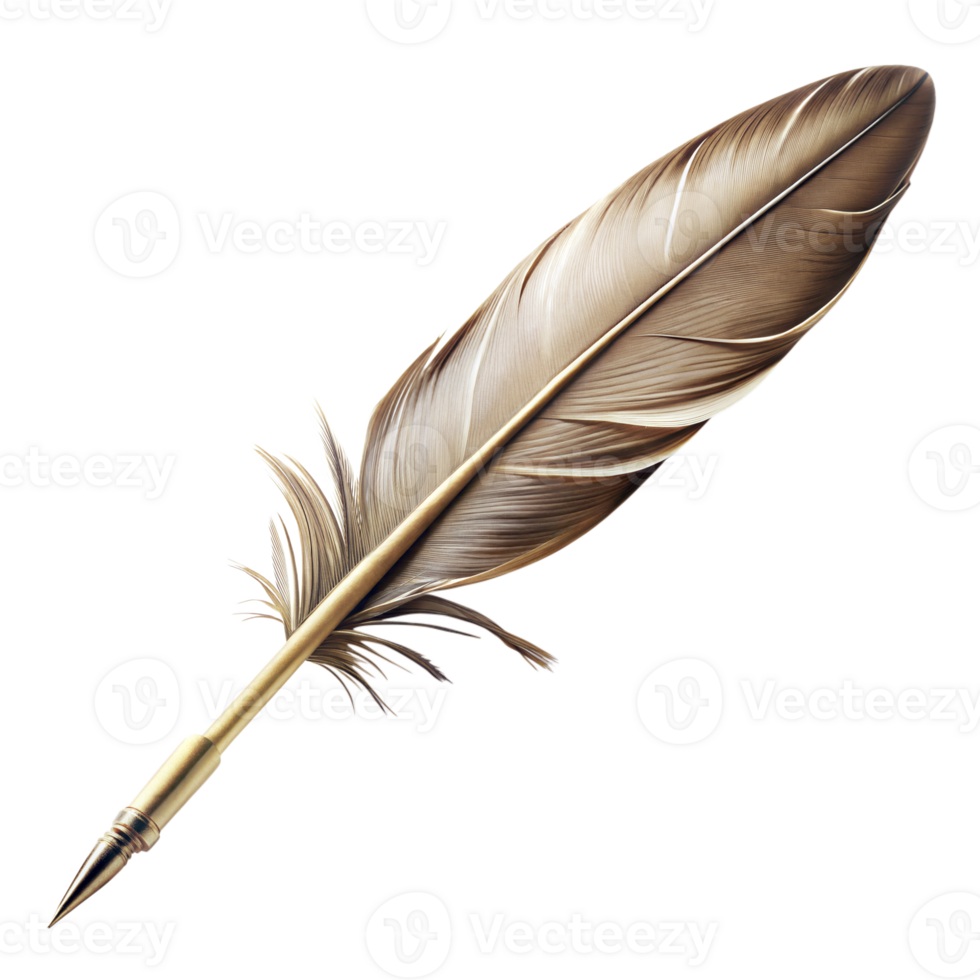 Elegant Golden Feather Quill Pen Isolated on Transparent Background png