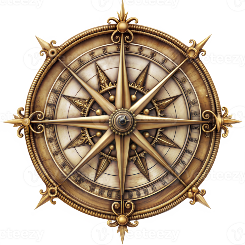Antique Brass Compass Rose with Detailed Engravings png
