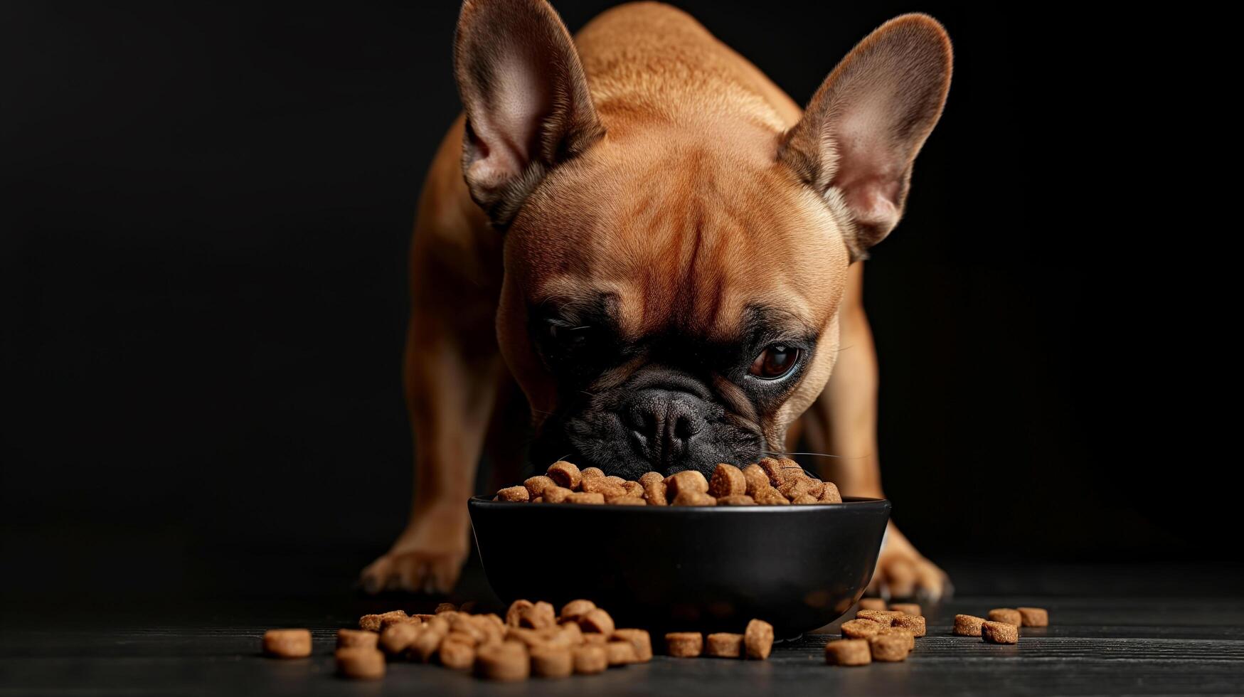 Dog eats from bowl on table photo