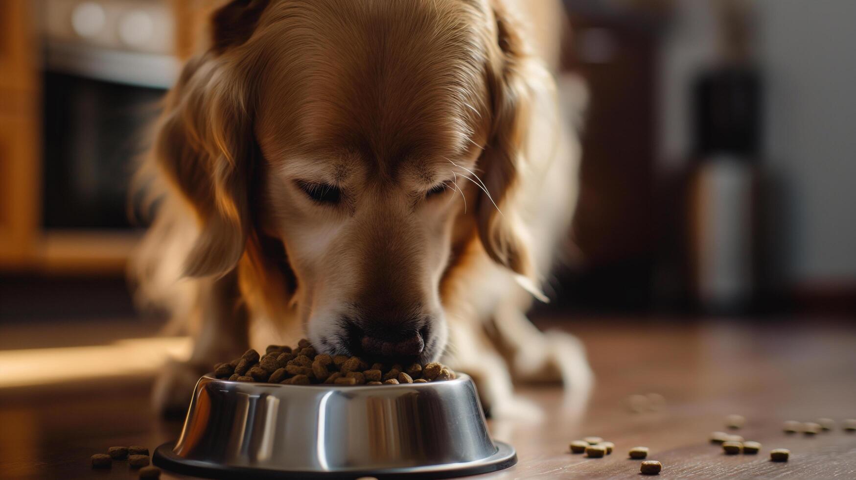 Dog eating from food bowl photo