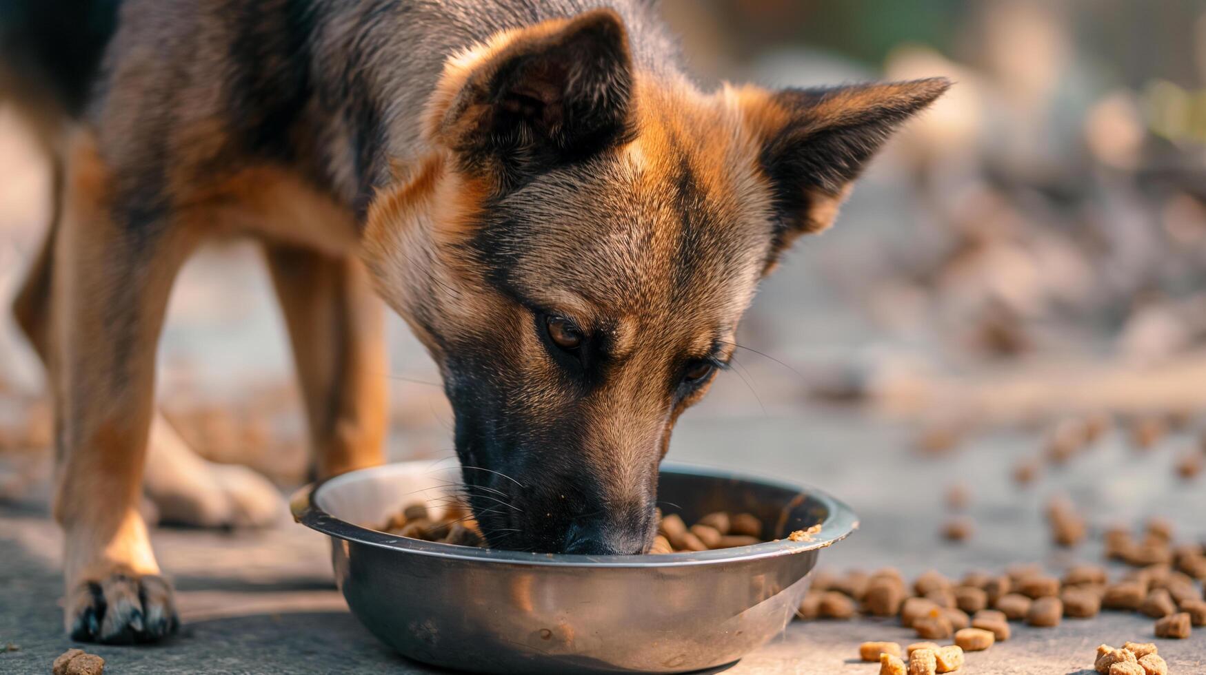 perro come desde comida cuenco foto