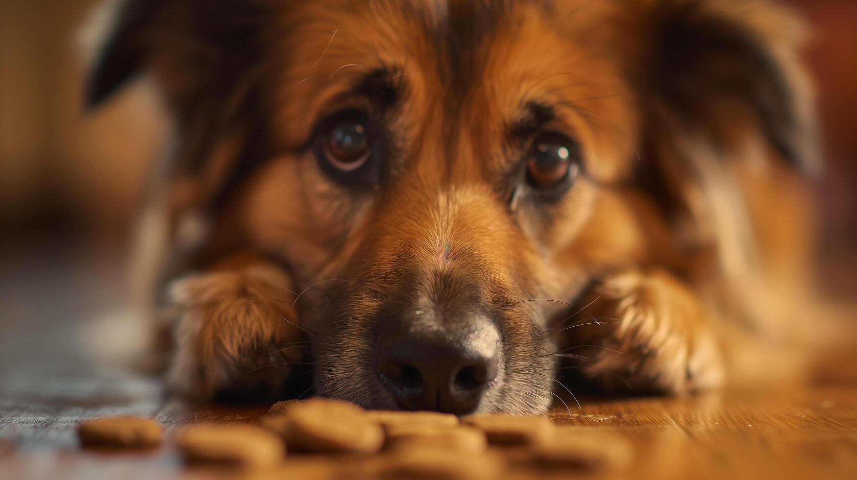 Dog lying near dog food photo