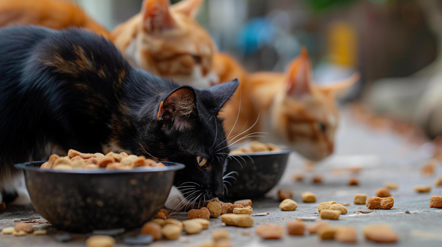 Multiple cats feeding from food bowls on floor photo
