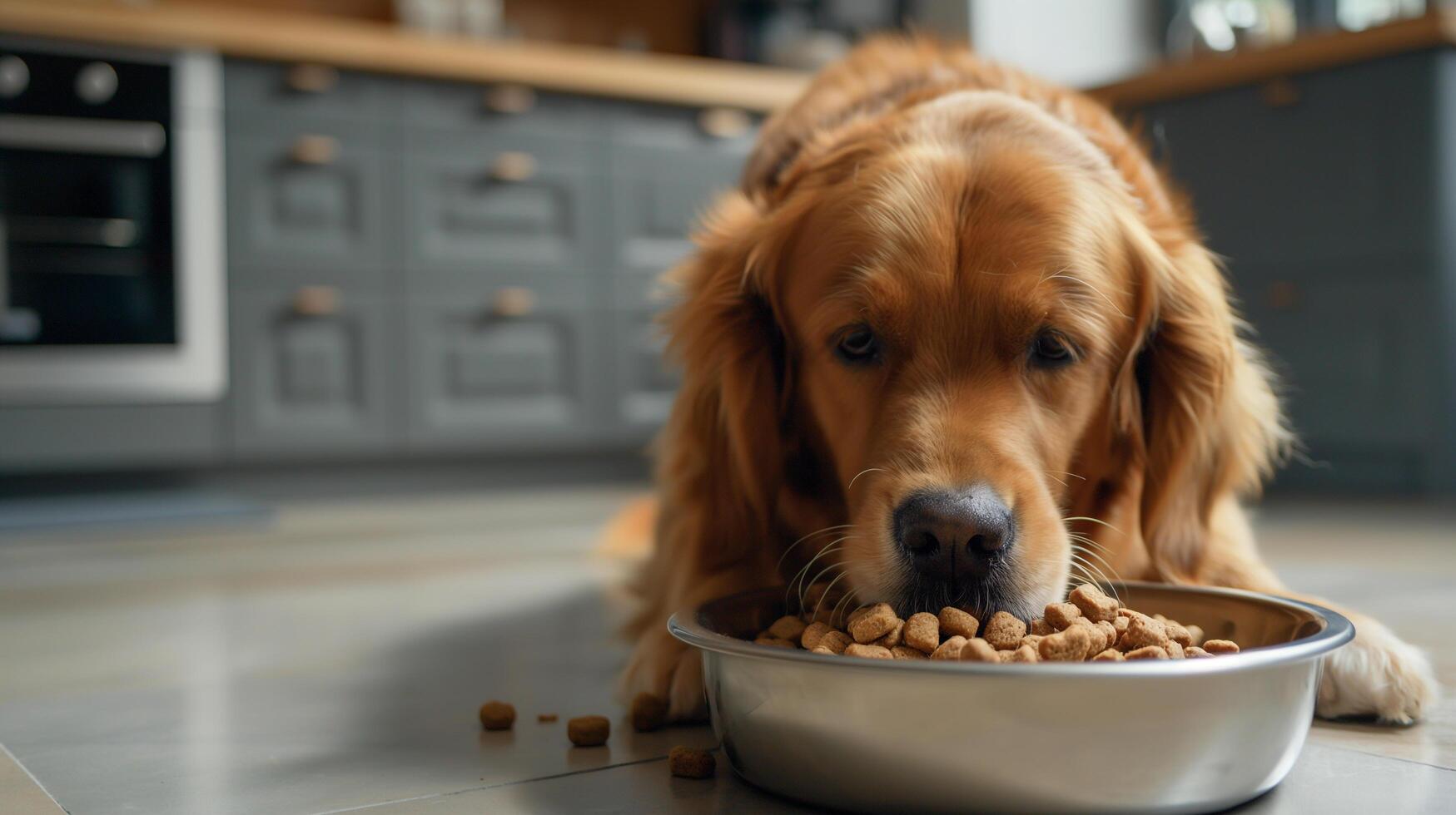 Dog eats from bowl photo