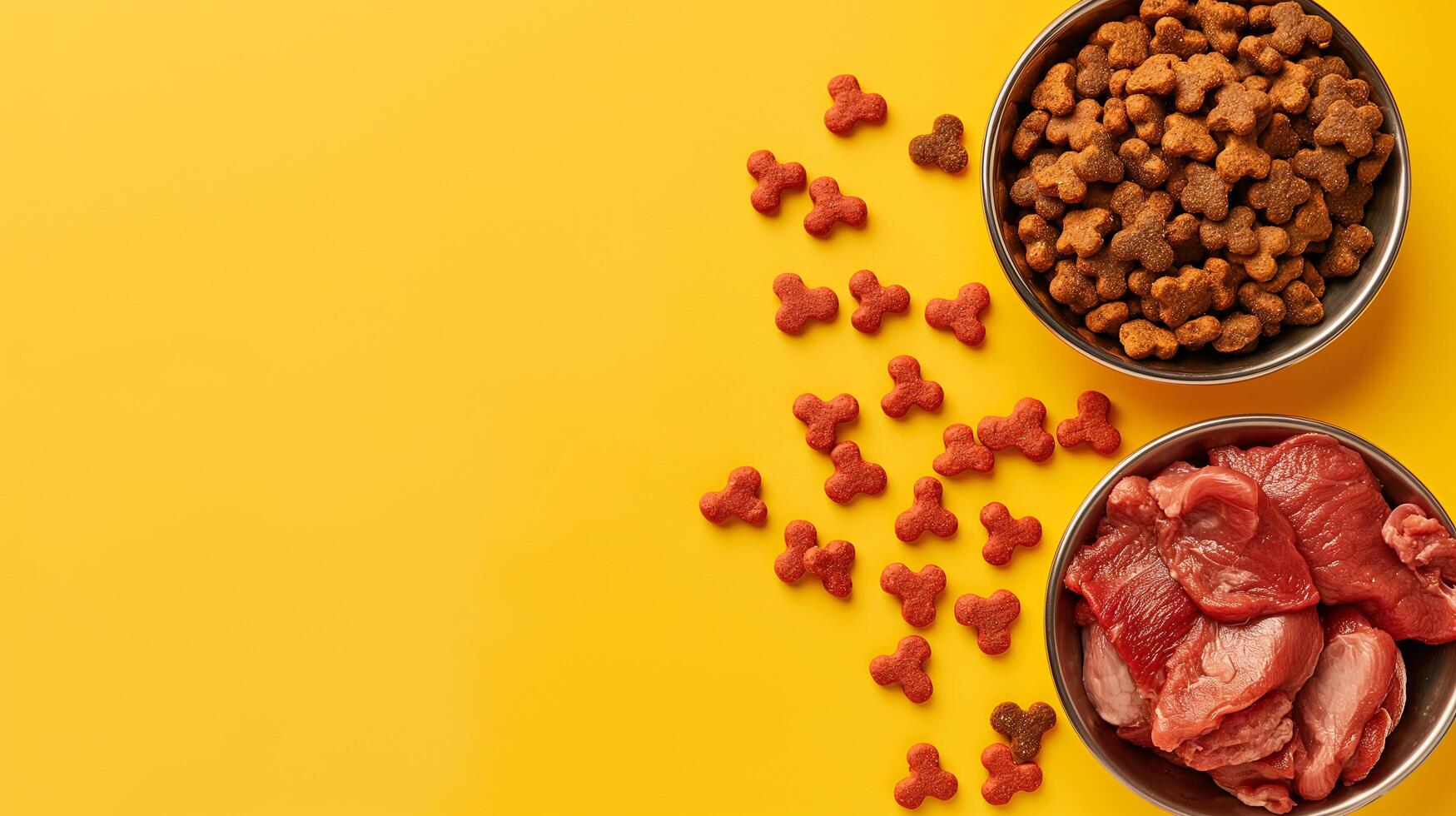 Close up of two dog food bowls on yellow surface photo